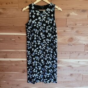 J. Jill Midi Dress, Size XS, Black With White, Blue, & Tan Floral Accents, Soft
